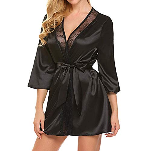 Damen Bademäntel Frauen Dessous Babydoll Nachtwäsche Unterwäsche Spitzenmantel Nachtwäsche + G-String Bademäntel Morgenmäntel (XXS/32, 2 - Schwarz) von Kanpola