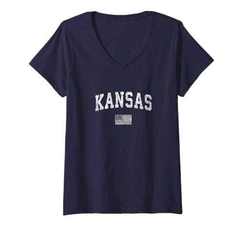 Damen Kansas T-Shirt, Vintage-T-Shirt mit amerikanischer Flagge, Sportdesign T-Shirt mit V-Ausschnitt Damen Kansas T-Shirt, Vintage-T-Shirt mit amerikanischer Flagge, Sportdesign T-Shirt mit V-Ausschnitt von Kansas T-Shirts & Tees