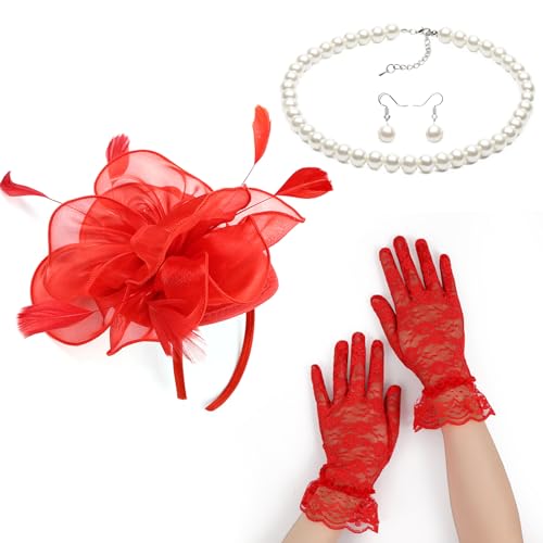 Fascinator-Set für Damen, elegant, Perlen, Halskette, Ohrringe, Spitze, Handschuhe, Set, 1920er-Jahre, vielseitige Kopfbedeckung, schwarzer Schleier für Damen von Kaohxzklcn