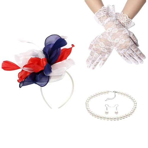 Fascinator-Set für Damen, elegant, Perlen, Halskette, Ohrringe, Spitze, Handschuhe, Set, 1920er-Jahre, vielseitige Kopfbedeckung, schwarzer Schleier für Damen von Kaohxzklcn