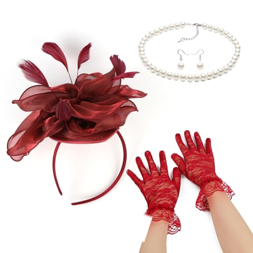 Fascinator-Set für Damen, elegant, Perlen, Halskette, Ohrringe, Spitze, Handschuhe, Set, 1920er-Jahre, vielseitige Kopfbedeckung, schwarzer Schleier für Damen von Kaohxzklcn