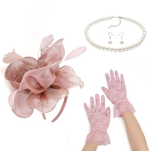 Fascinator-Set für Damen, elegant, Perlen, Halskette, Ohrringe, Spitze, Handschuhe, Set, 1920er-Jahre, vielseitige Kopfbedeckung, schwarzer Schleier für Damen von Kaohxzklcn