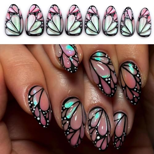 Fashion 3D Butterfly Mandel Press on Nails Künstliche Nägel zum Aufkleben auf Nägel 24 Stück Damen Glitzernde Nägel Verbesserung von Kaohxzklcn
