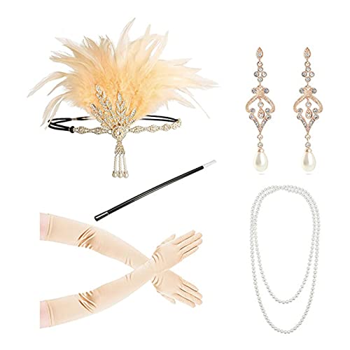 Kaohxzklcn 1920er Jahre Flapper Zubehör Gatsby Kostüm Zubehör-Set 20er Jahre Flapper Stirnband Perlen Halskette Ohrringe Handschuhe für Damen 1920er Jahre Gatsby Tolles Zubehör-Set für Damen Flapper von Kaohxzklcn