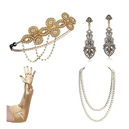 Kaohxzklcn 1920er Jahre Flapper Zubehör Gatsby Kostüm Zubehör-Set 20er Jahre Flapper Stirnband Perlen Halskette Ohrringe Handschuhe für Damen 1920er Jahre Gatsby Tolles Zubehör-Set für Damen Flapper von Kaohxzklcn