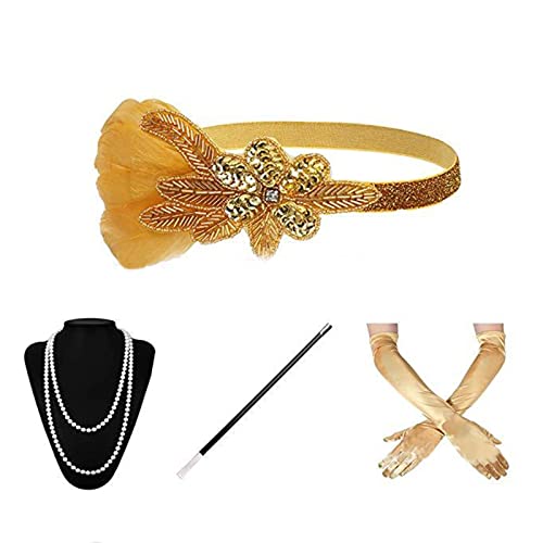 Kaohxzklcn 1920er Jahre Flapper Zubehör Gatsby Kostüm Zubehör-Set 20er Jahre Flapper Stirnband Perlen Halskette Ohrringe Handschuhe für Damen 1920er Jahre Gatsby Tolles Zubehör-Set für Damen Flapper von Kaohxzklcn