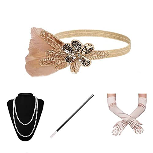 Kaohxzklcn 1920er Jahre Flapper Zubehör Gatsby Kostüm Zubehör-Set 20er Jahre Flapper Stirnband Perlen Halskette Ohrringe Handschuhe für Damen 1920er Jahre Gatsby Tolles Zubehör-Set für Damen Flapper von Kaohxzklcn