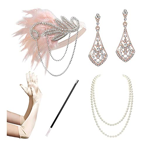 Kaohxzklcn 1920er Jahre Flapper Zubehör Gatsby Kostüm Zubehör-Set 20er Jahre Flapper Stirnband Perlen Halskette Ohrringe Handschuhe für Damen 1920er Jahre Gatsby Tolles Zubehör-Set für Damen Flapper von Kaohxzklcn