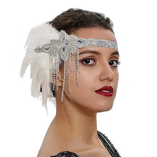 Kaohxzklcn 20er Jahre Flapper Damen Stirnband 1920er Jahre Vintage Cosplay Party Kostüm weibliche Kopfbedeckung Elegantes Accessoire Frauen Haarband Feder Stirnband von Kaohxzklcn