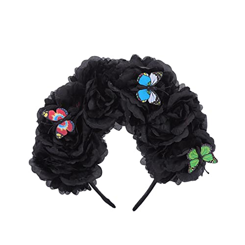 Kaohxzklcn Day of the Dead Stirnband Halloween mit Schmetterlingen Dekorationen Kostüm Cosplay Haarschmuck Mexikaner Kopfschmuck Halloween Tag der Toten Blume Gothic Blume Stirnband Kopfschmuck Haar von Kaohxzklcn