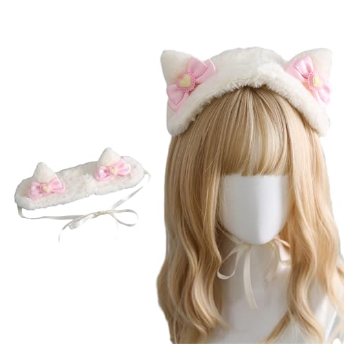 Kaohxzklcn Haarreif mit pelzigen Ohren für Frauen mit Fliege, Plüsch-Haarband, LolitaStyle, Cosplay, Stirnband, Party, Kostüm, Halloween, Kopfschmuck, Halloween-Haar-Accessoire von Kaohxzklcn