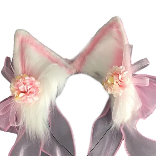 Kaohxzklcn Süßes Ohr-Haarband mit Blume und Schleife, wunderschönes Ohr-Stirnband, chinesischer Haarreif, Cosplay, Haarschmuck, Füchse, Ohren, Haarband, Cosplay, Halloween von Kaohxzklcn