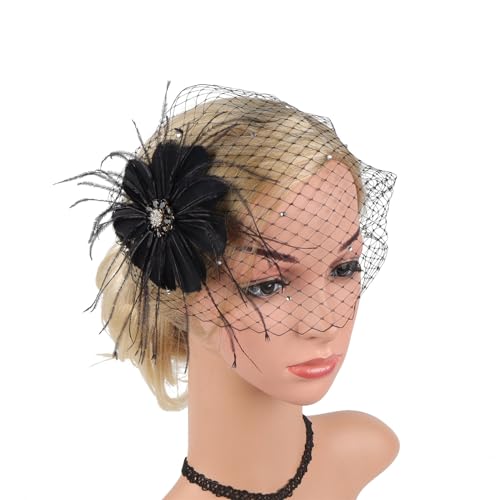 TeaParty Fascinator Haarnadel Cocktail Party Federn Haarspange für Frauen Mesh Blume Kopfschmuck Elegant Kirche Stirnband Feder Haarspange Mesh Haarspange von Kaohxzklcn