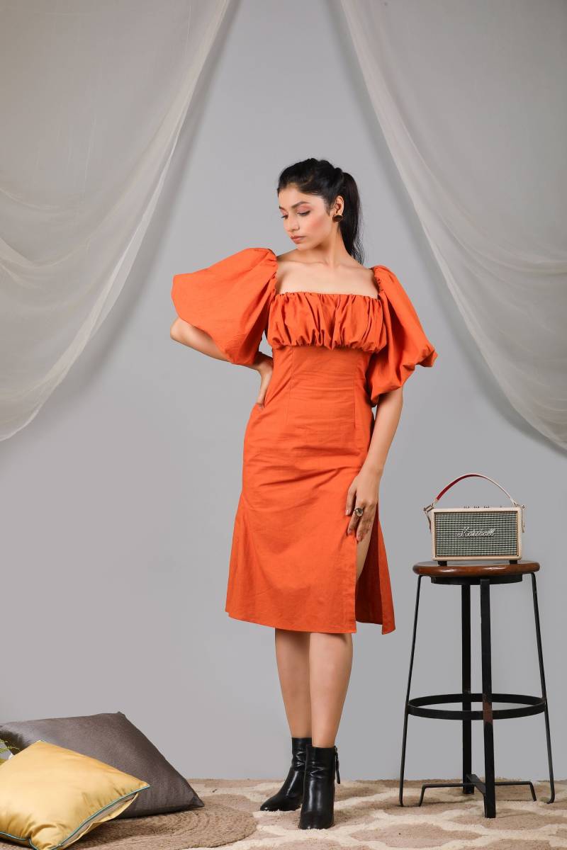 Frauen Sommer Baumwollkleider Kurzen Ärmeln Kleid Sqaure-Ausschnitt Midi-Kleid | Casual Orange Angepasst Plus Größe Boho Baumwolle von KaoriByShreya