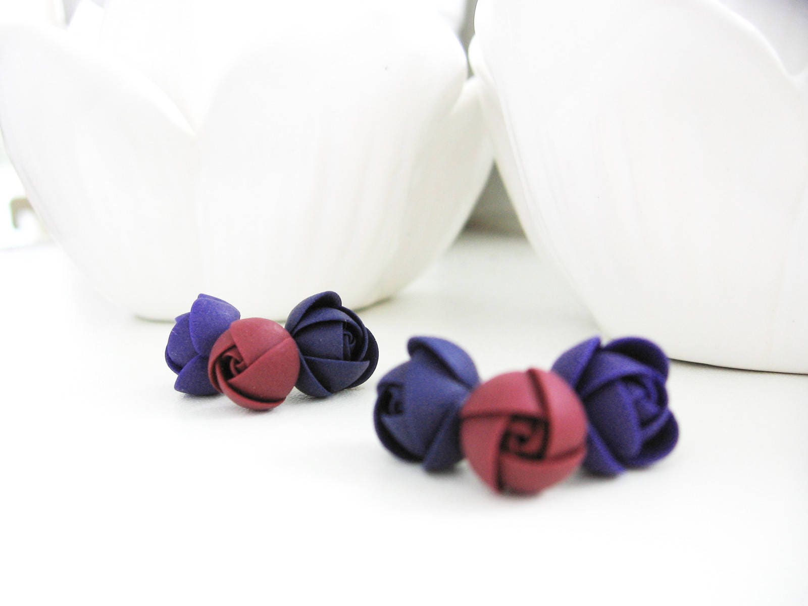 Fimo Ohrringe Set - Lila Marineblau Bordo Rose Blume Edelstahl Ohrstecker Brautjungfern Fimo Ohrringe Set - Lila Marineblau Bordo Rose Blume Edelstahl Ohrstecker Brautjungfern von KaoriPearlRose
