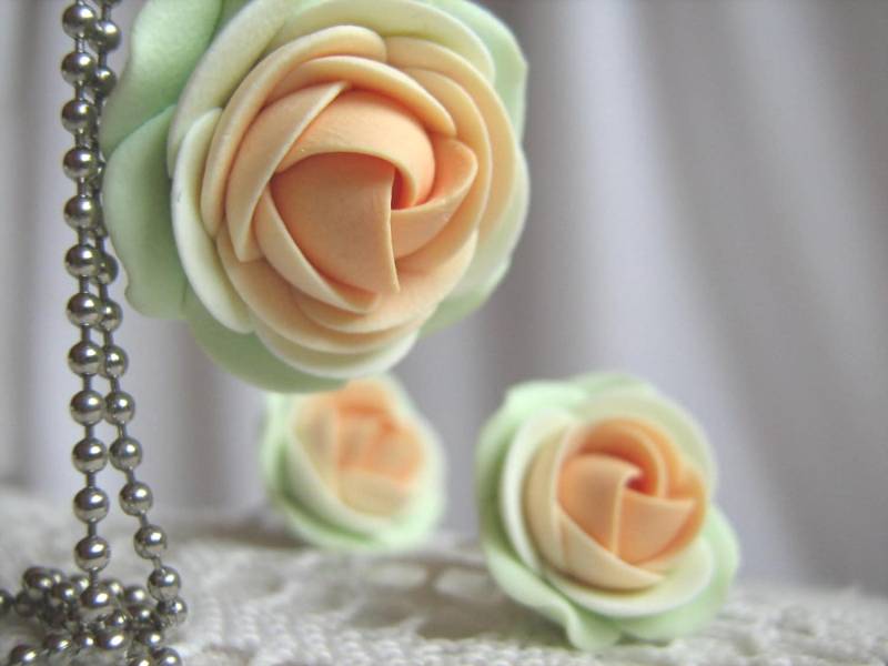 Fimo Set - Licht Orange/Lachs/Pfirsich Und Hellgrün Rose Blumenanhänger Mit Edelstahl-Kugel-Kette Ohrstecker Ohrringe Fimo Set - Licht Orange/Lachs/Pfirsich Und Hellgrün Rose Blumenanhänger Mit Edelstahl-Kugel-Kette Ohrstecker Ohrringe von KaoriPearlRose