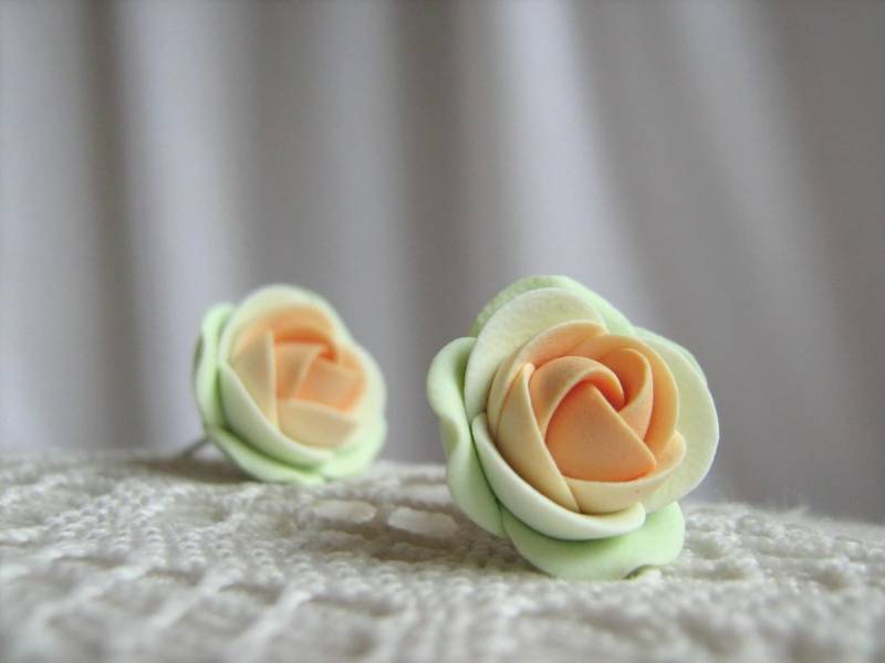 Ohrringe Aus Fimo - Schattierungen Von Orange/Lachs/Pfirsich Und Leichte Grüne Rose Blume Ohrstecker Ohrringe Aus Fimo - Schattierungen Von Orange/Lachs/Pfirsich Und Leichte Grüne Rose Blume Ohrstecker von KaoriPearlRose