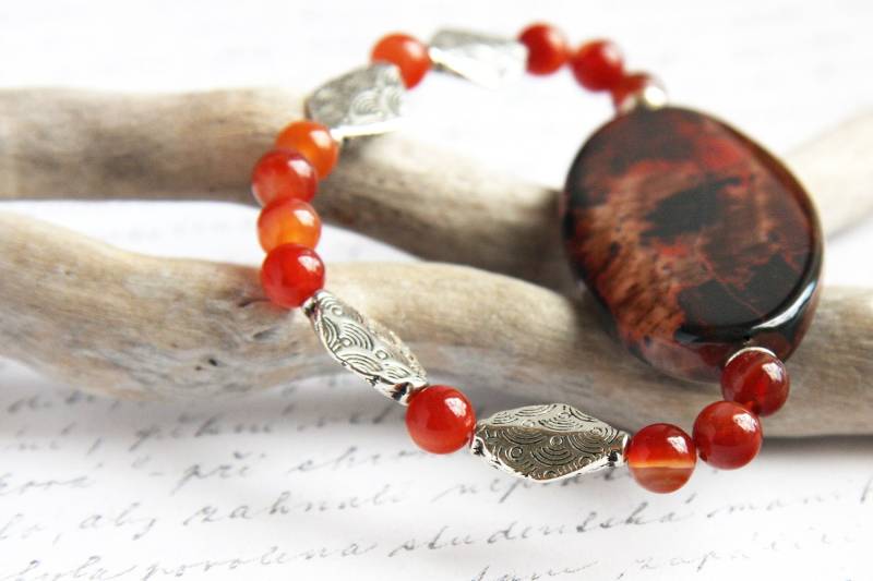 Im Urlaub, Achat Scheibe Armband Orange Braun Stein Edelstein Karneol Silber Perlen Boho von KapKaDesign