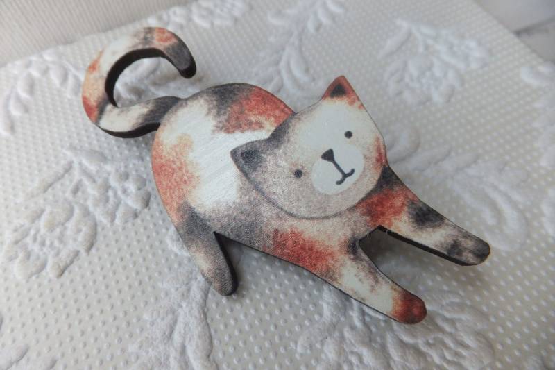 Vintage Katzenbrosche Aus Holz von Kapalau