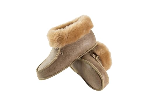 Kapeć Elephant Bequeme Hausschuhe aus echtem Lammfell mit verlängerten Schaft Hüttenschuhe mit weichem Fell atmungsaktiv hautfreundlich (Beige uneinheitlich, 38) von Kapeć