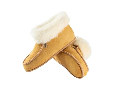 Kapeć Elephant Bequeme Hausschuhe aus echtem Lammfell mit verlängerten Schaft Hüttenschuhe mit weichem Fell atmungsaktiv hautfreundlich (Honigfarbe, 42) von Kapeć