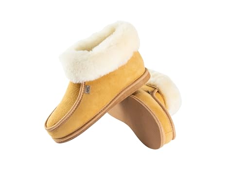 Mammoth Bequeme Hausschuhe für Damen aus echtem Lammfell weiche kuschelige Lammfellschuhe mit weichem Fell warme Moderne Hausschuhe atmungsaktiv (Honey, 36) von Kapeć