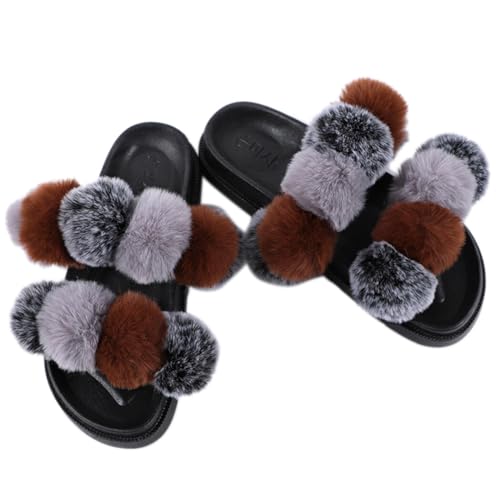 Flauschige Kunstpelz Damen Slides - Weiche Flache Pom Pom Ball Hausschuhe für Indoor/Outdoor mit Offener Zehe, Einheitsgröße, EVA-Kunststoff von Kapmore