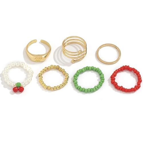 Kapmore Böhmische Damenringe, 7 Stück, dekorative Perlen, bunte Ringe, Nicht-Edelmetall von Kapmore