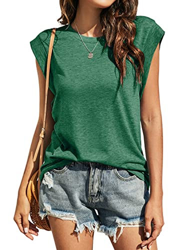 Kapoohott Tshirt Damen Sommer Elegant Ärmellos T Shirt Damen Kurzarm Oberteile Rundhals Basic Tops Bluse 2XL&Grün von Kapoohott