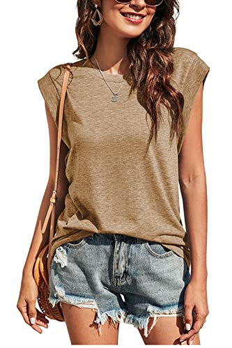 Kapoohott Tshirt Damen Sommer Elegant Ärmellos T Shirt Damen Kurzarm Oberteile Rundhals Basic Tops Bluse 2XL&Kaffee von Kapoohott