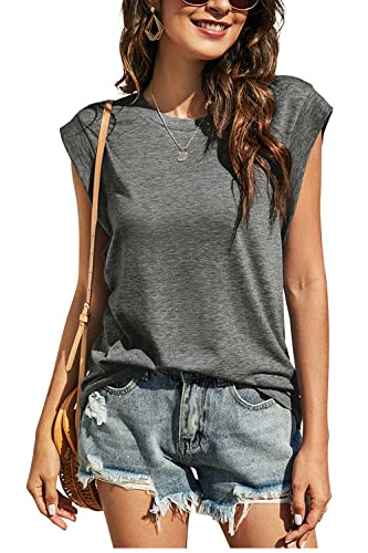 Kapoohott Tshirt Damen Sommer Elegant Ärmellos T Shirt Damen Kurzarm Oberteile Rundhals Basic Tops Bluse M&Dunkelgrau von Kapoohott