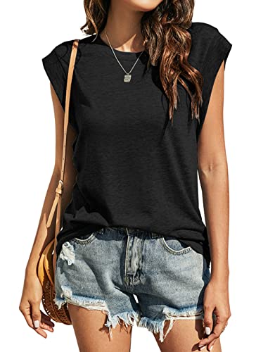 Kapoohott Tshirt Damen Sommer Elegant Ärmellos T Shirt Damen Kurzarm Oberteile Rundhals Basic Tops Bluse M&Schwarz von Kapoohott