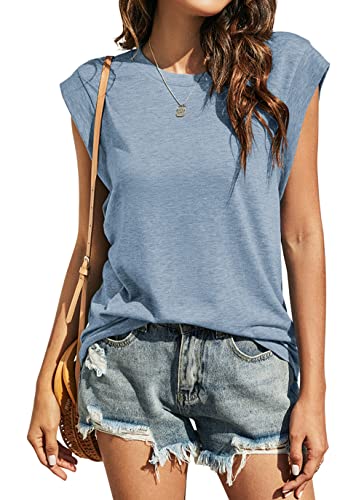 Kapoohott Tshirt Damen Sommer Elegant Ärmellos T Shirt Damen Kurzarm Oberteile Rundhals Basic Tops Bluse XL&Blau von Kapoohott