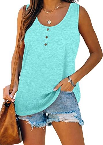 Kapoohott Damen Tops Sommer Ärmellos Tank Tops Elegant Oberteile Freizeit Lose Einfarbig Tunika Shirts mit Tasten 2XL&Hellgrün von Kapoohott