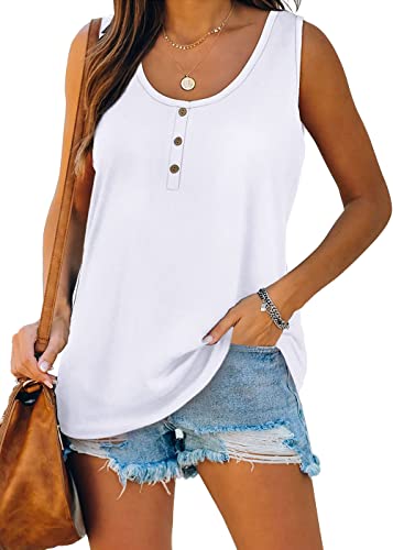 Kapoohott Damen Tops Sommer Ärmellos Tank Tops Elegant Oberteile Freizeit Lose Einfarbig Tunika Shirts mit Tasten 2XL&Weiß von Kapoohott