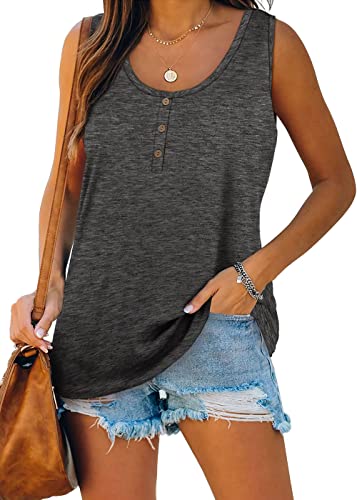 Kapoohott Damen Tops Sommer Ärmellos Tank Tops Elegant Oberteile Freizeit Lose Einfarbig Tunika Shirts mit Tasten M&Dunkelgrau von Kapoohott