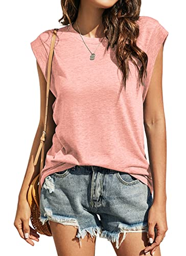 Kapoohott Tshirt Damen Sommer Elegant Ärmellos T Shirt Damen Kurzarm Oberteile Rundhals Basic Tops Bluse M&Rosa von Kapoohott