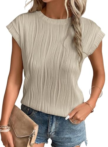 Kapoohott Tshirt Damen Sommer Elegant Rundhals Stricken Textur Freizeit Basic Kurzarm Shirt Tops Oberteile Bluse T-Shirt Tuniken (Aprikosen, L) von Kapoohott