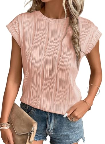 Kapoohott Tshirt Damen Sommer Elegant Rundhals Stricken Textur Freizeit Basic Kurzarm Shirt Tops Oberteile Bluse T-Shirt Tuniken (Rosa, XL) von Kapoohott