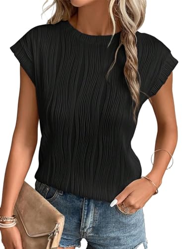 Kapoohott Tshirt Damen Sommer Elegant Rundhals Stricken Textur Freizeit Basic Kurzarm Shirt Tops Oberteile Bluse T-Shirt Tuniken (Schwarz, S) von Kapoohott