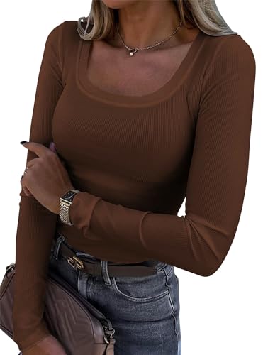 Langarmshirt Damen Longsleeve Damen Eng Tshirt Damen Oberteile Longshirt Essential Shirt Elegant Y2K U-Ausschnitt Figurbetont Gerippter Strick Top von Kapoohott