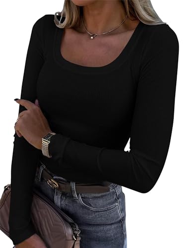 Langarmshirt Damen Longsleeve Damen Eng Tshirt Damen Oberteile Longshirt Essential Shirt Elegant Y2K U-Ausschnitt Figurbetont Gerippter Strick Top von Kapoohott