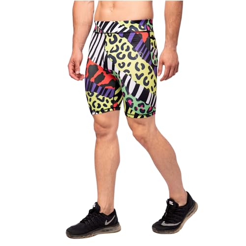 Kapow Herren Kurze Leggings Activewear Kompressionsshorts: Ultraleicht & Vielseitig - Für Fitness, Laufen, Yoga, Basketball, Fußball & Alle Sportarten - Bunte Prints mit Taschen (Party Animal, M) von Kapow Meggings