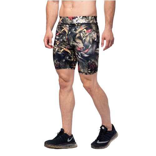 Kapow Herren Kurze Leggings Activewear Kompressionsshorts: Ultraleicht & Vielseitig - Für Fitness, Laufen, Yoga, Basketball, Fußball & Alle Sportarten - Bunte Prints mit Taschen (Tarzan, M) von Kapow Meggings