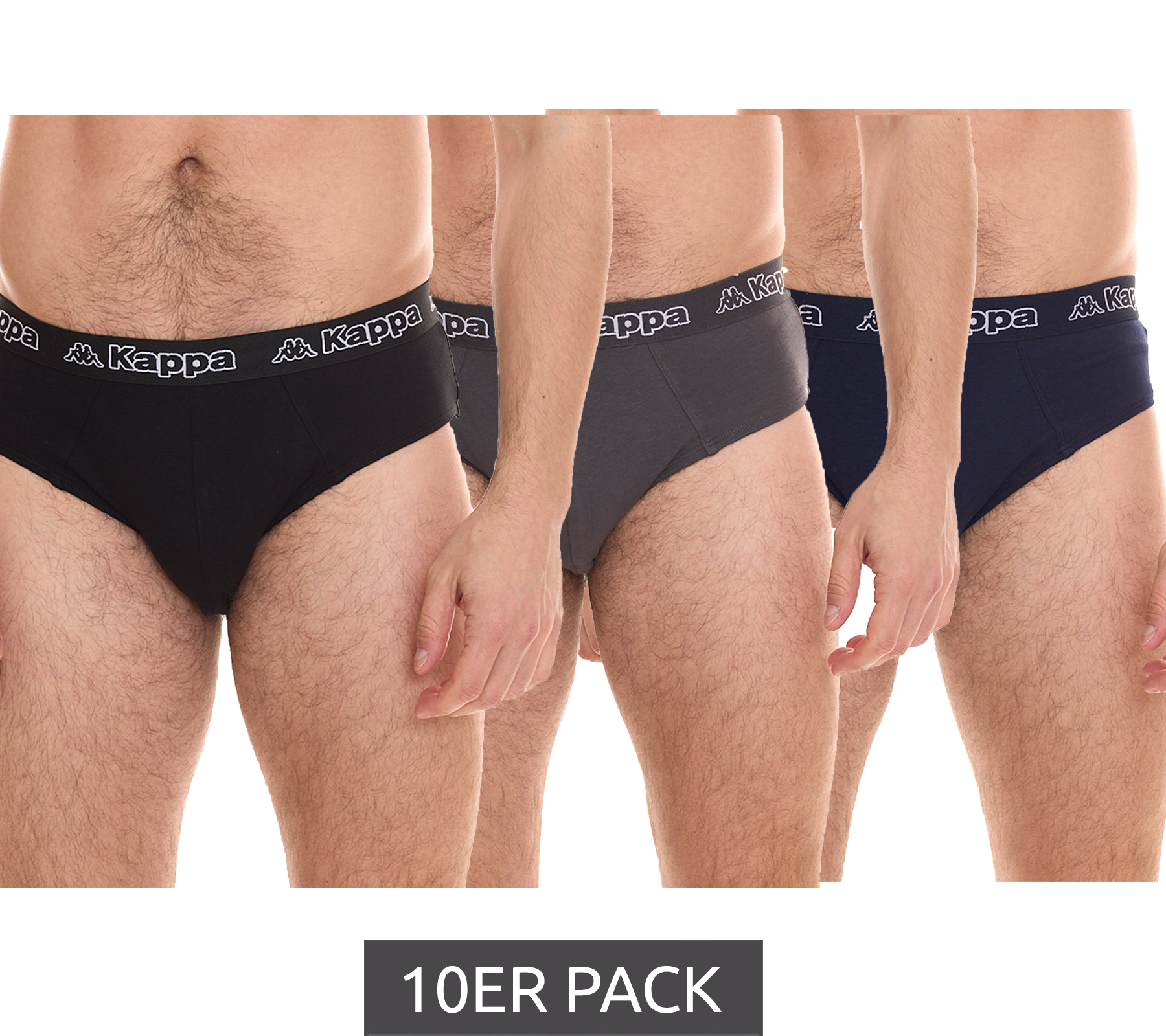 10er Pack Kappa Herren Slip mit Baumwoll-Stretch Unterwäsche mit Logobund Unterhose 711167 Schwarz, Blau oder Grau von Kappa