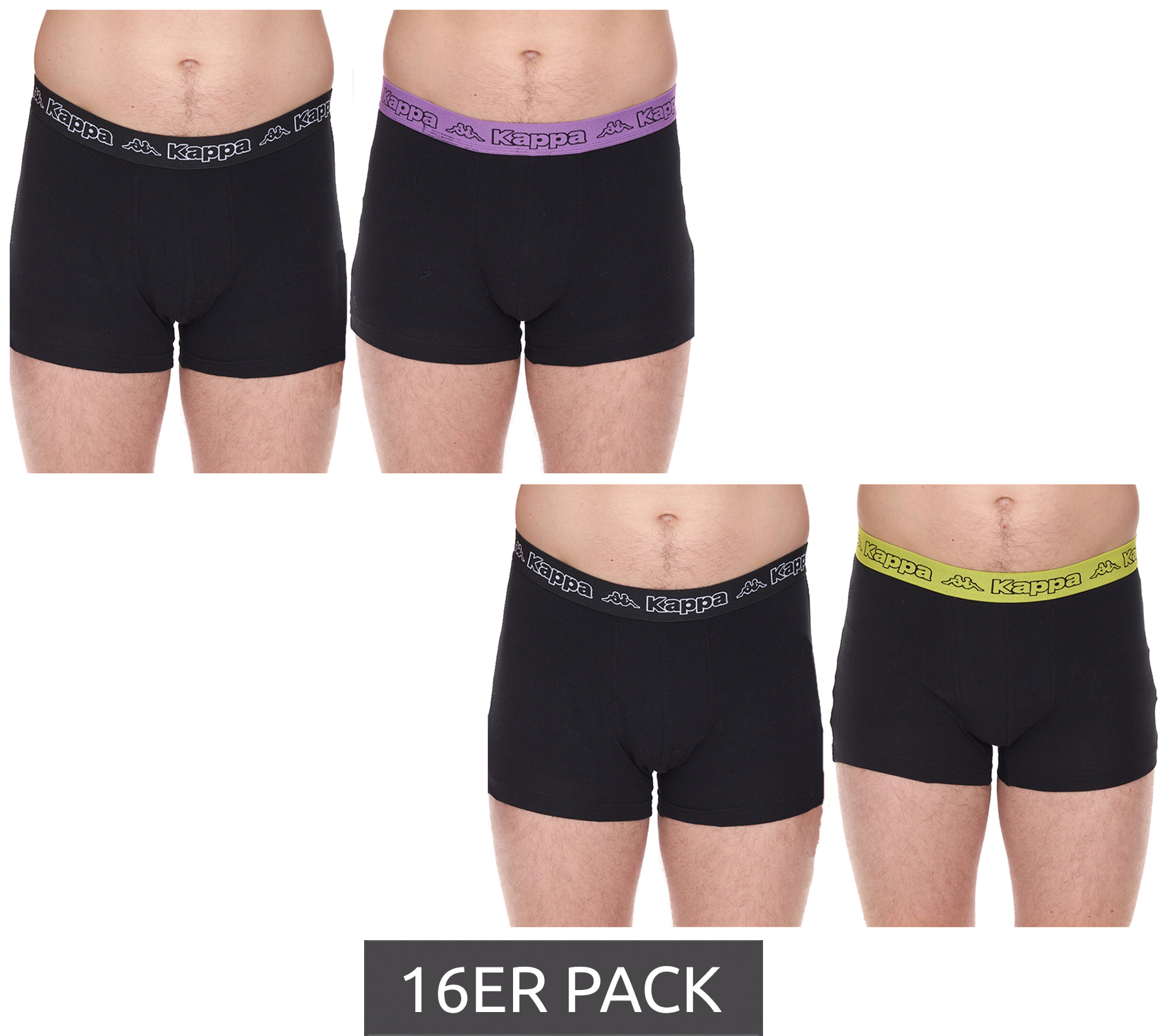 16er Pack Kappa Herren Boxershorts mit 95% Baumwolle & Kappa Logo Unterhose 351K1JW Schwarz/Lime oder Schwarz/Violett von Kappa