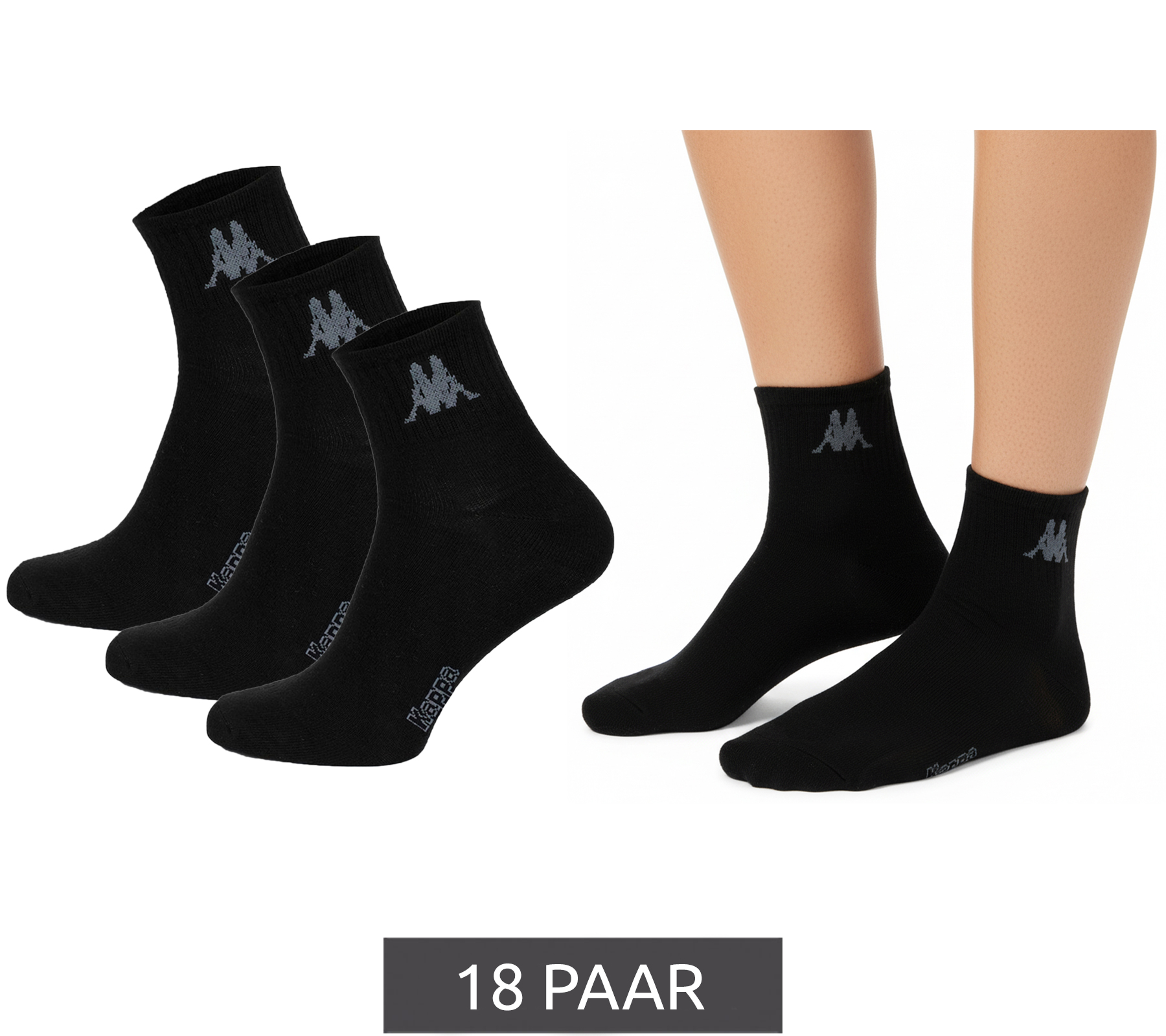18 Paar Kappa Low Cut-Socken Baumwoll-Strümpfe mit Logo Alltags-Socken 304M5N0 922 Schwarz von Kappa