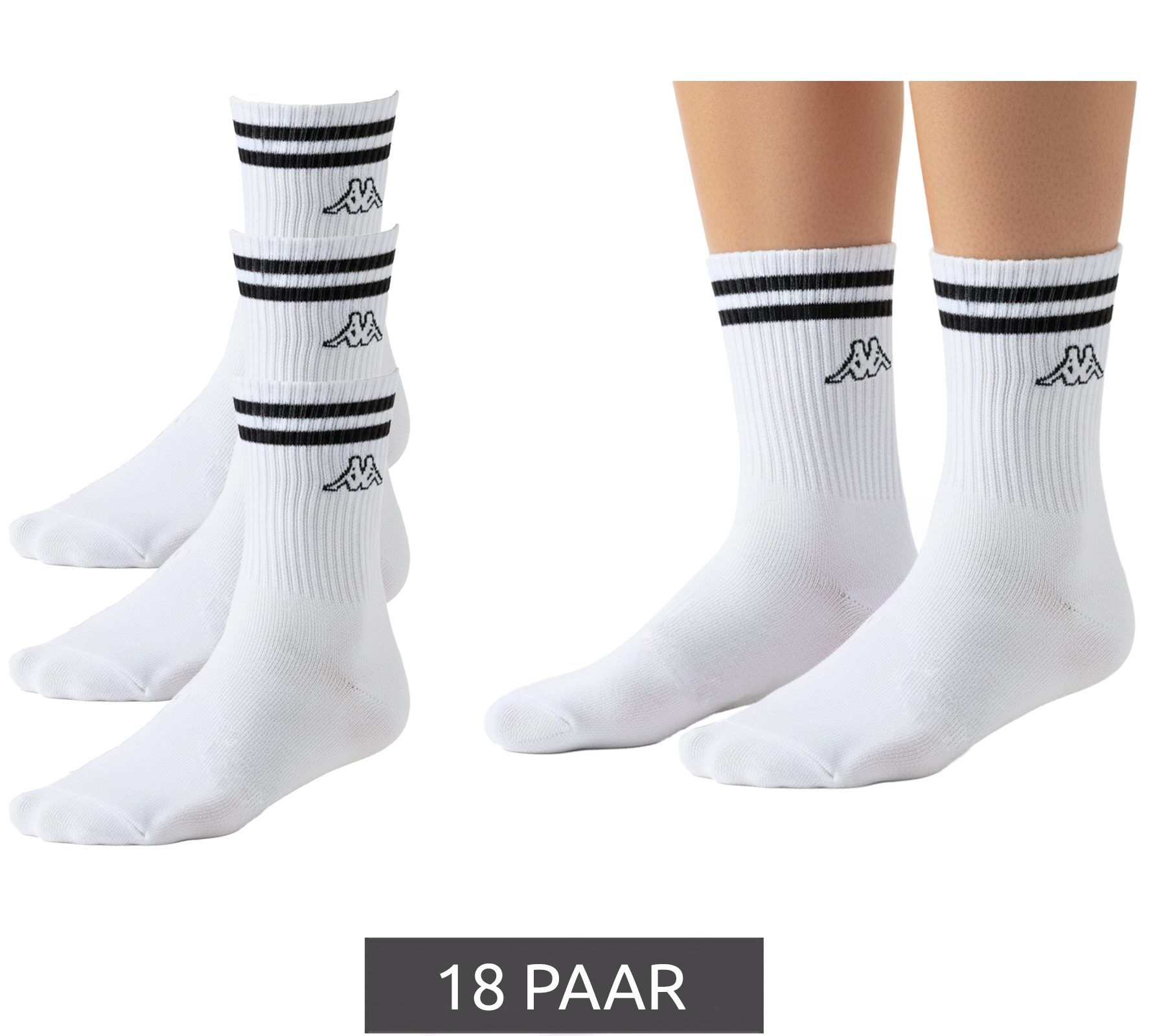 18 Paar Kappa Tennis-Socken Baumwoll-Strümpfe mit Markendruck Alltags-Socken 371E7JW A00 Weiß von Kappa