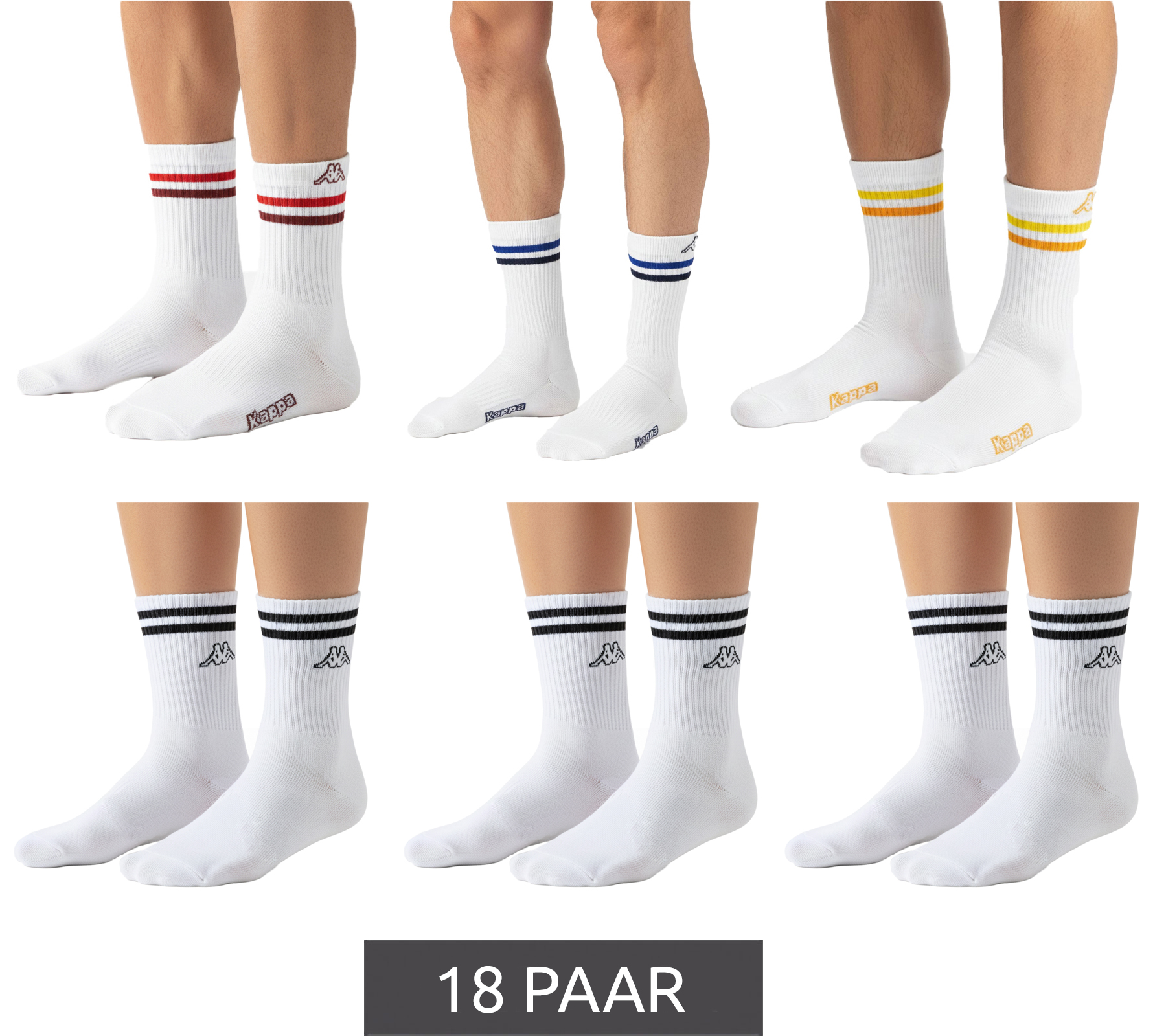 18 Paar Kappa Tennis-Socken Baumwoll-Strümpfe mit Markendruck Alltags-Socken 371E7JW Weiß/Schwarz oder Weiß/Bunt von Kappa