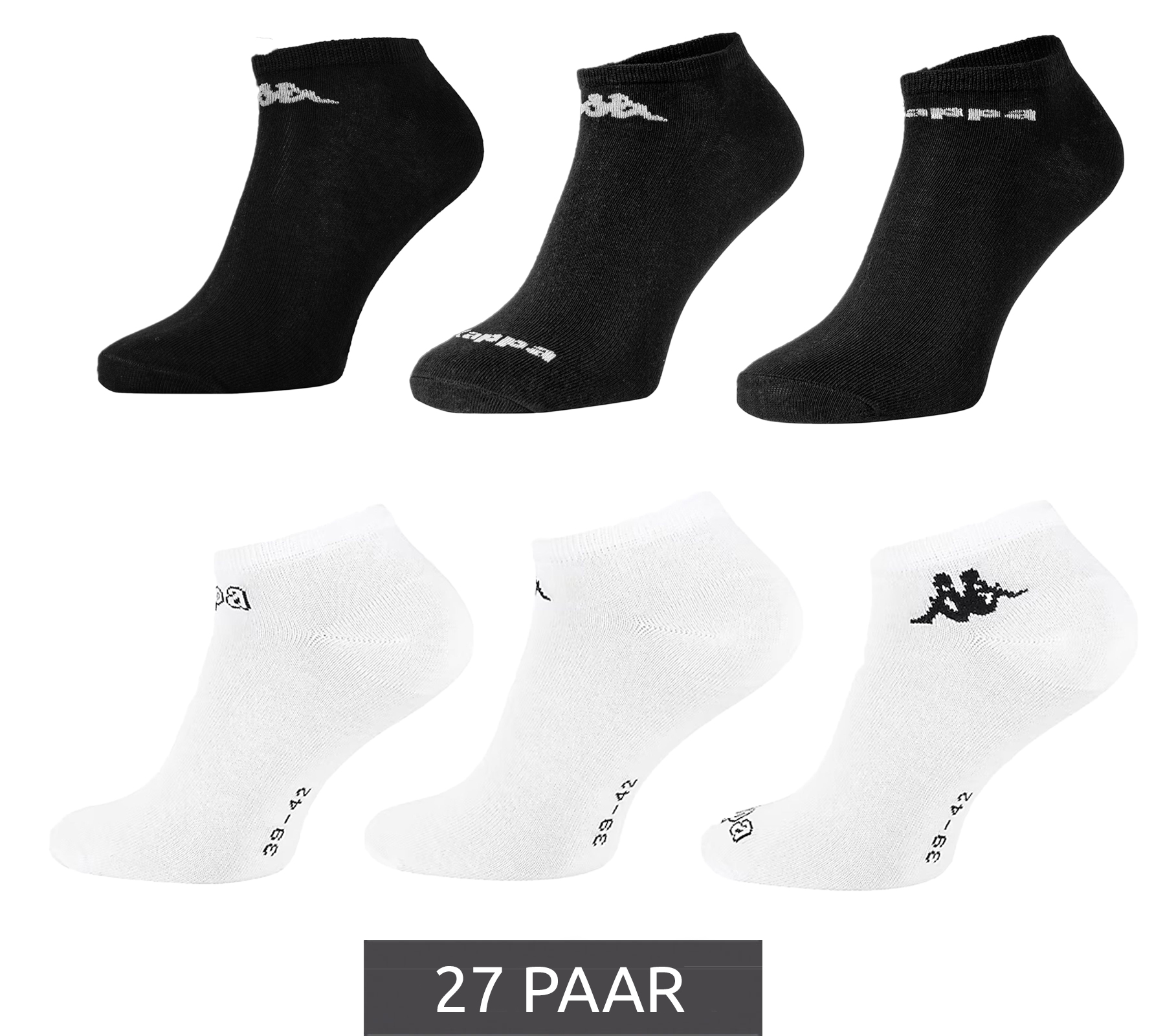 27 Paar Kappa Sportsocken Sneaker-Socken Baumwoll-Strümpfe mit Logo Schwarz oder Weiß von Kappa